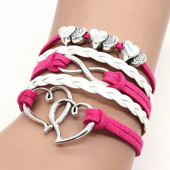 Leather Heart Layered Bracelet Cuff Rope Braided Boho Punk Goth Hippie Love Pink - Picture 1 of 2